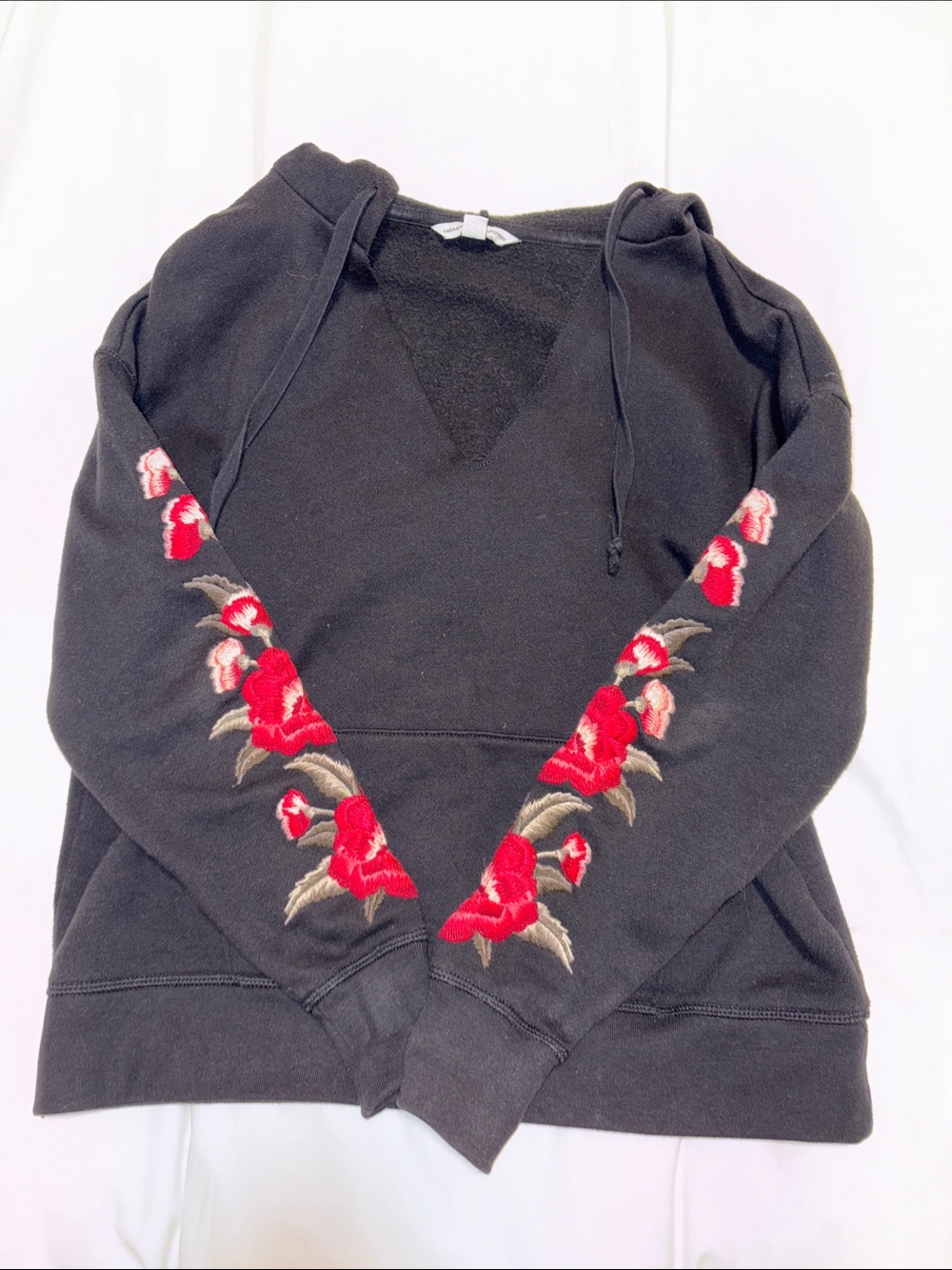 American Eagle Outfitters Black Hoodie with Red Floral Sleeve Embroidery